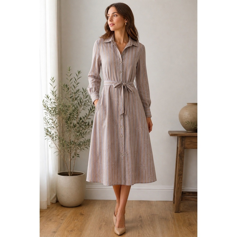 Bleecker Street Midi Dress Button Front Vintage Mauve Tan Striped Floral Size S